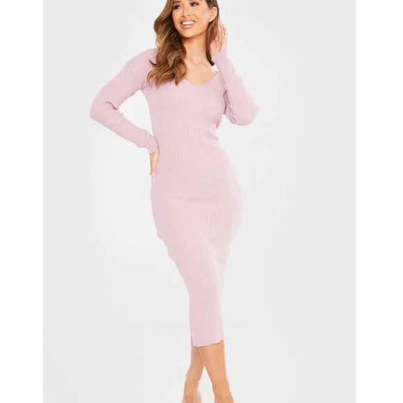 Pink Ribbed Knit Bodycon Off The Shoulder Dress - Picture 5 of 5